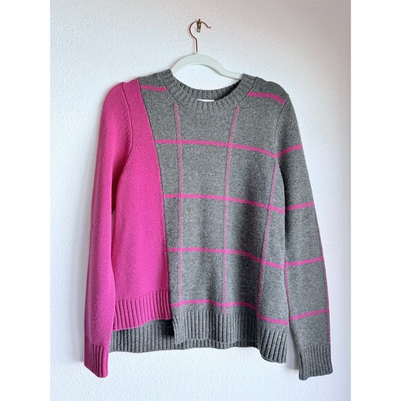 MILLY Intarsia Windowpane Sweater in Grey & Hot Pink Wool Cashmere Blend Size S - Picture 8 of 15